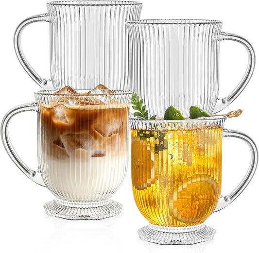 KEMORELA 16 OZ Premium Glass Coffee Mugs with Handle Set of 4, Large Classic Vertical Stripes Glass Coffee Cups, Clear Tea Cup for Hot/Cold Beverages, Glassware Set for Americano, Latte, Cappuccino by KEMORELA