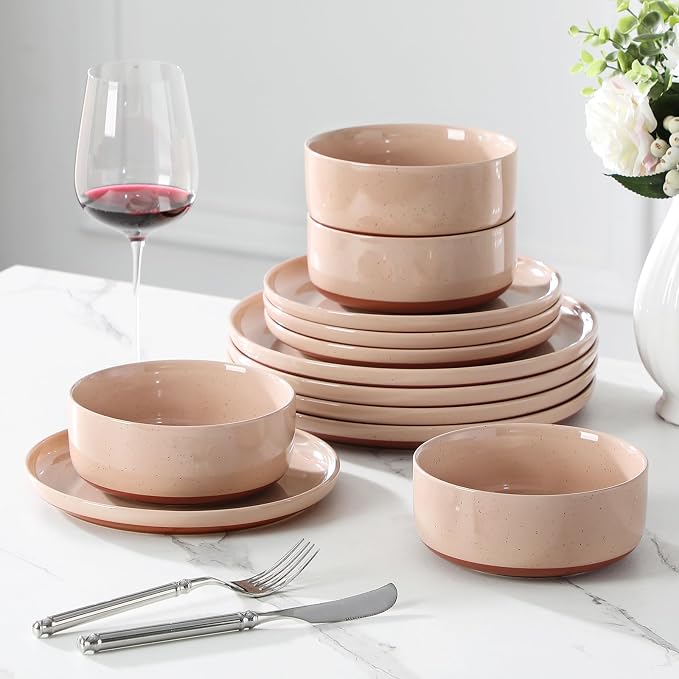 MALACASA Plates and Bowls Sets, 12 Pieces Modern Stoneware Dinnerware Set for 4 Kitchen Dinner Set Ceramic Dishware Dishes Set Microwave and Dishwasher Safe, Pink, Series TARA - Image 7