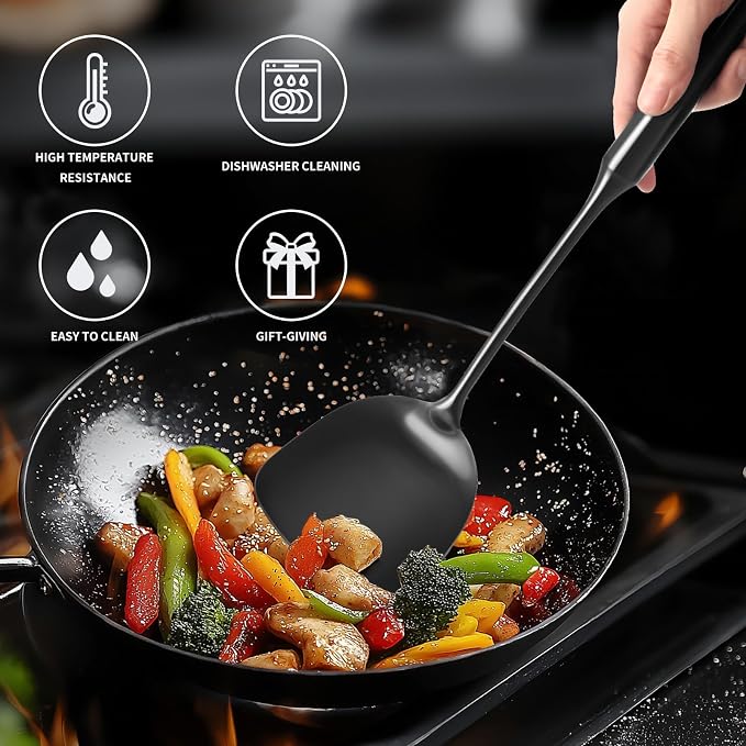 304 Stainless Steel Kitchen Cooking Utensils Set - 9 PCS Serving Utensils, Include Skimmer, Soup Ladle, Spaghetti Server, Wok Spatula, Slotted & Solid Spoon, Slotted Spatula Turner, Meat Fork (Black） - Image 5