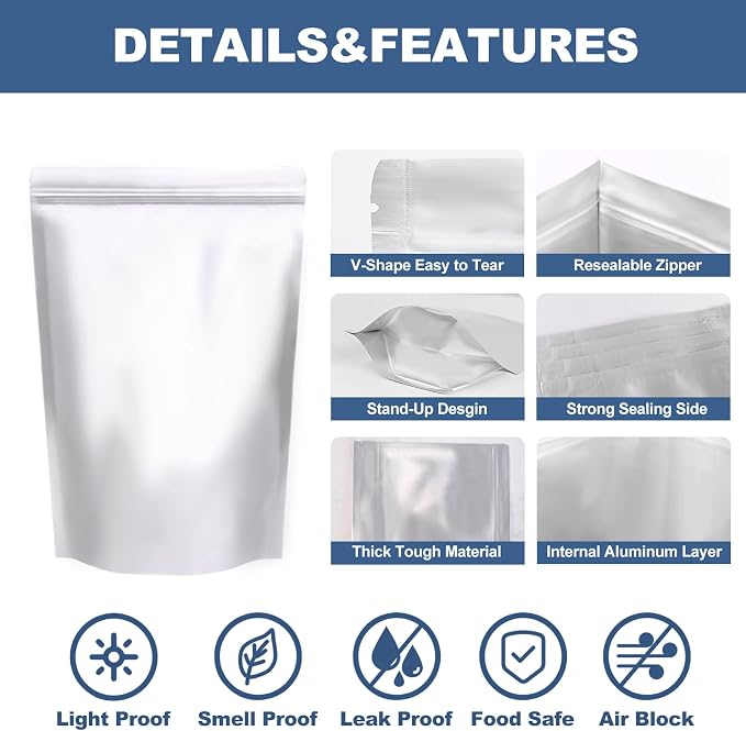 50PCS 2Quart 8"X12" Mylar Bags for Food Storage with Oxygen Absorbers&Lables,10 Mil Thick Resealable Stand-Up Zipper&Heat Sealable Vacuum Sealing Pouches for Long Term Food Storage - Image 3