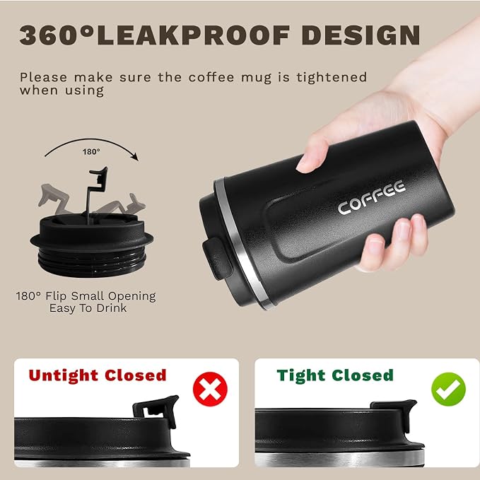 SPLMIFA Travel coffee mugs leak-proof, reusable coffee cups with lids, stainless steel vacuum insulated coffee tumblers, thermal insulation cups for men & women keep drinks hot & cold(2nd-Black, 12OZ) - Image 5