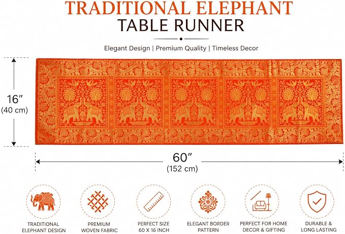Indian Traditional Silk Table Runner 60 x 16 Inch, Elephant & Peacock Art Design Decorative Table Cloth, Orange Dining Table Runner for Kitchen, Living Room and Festive Home Decor - Image 2