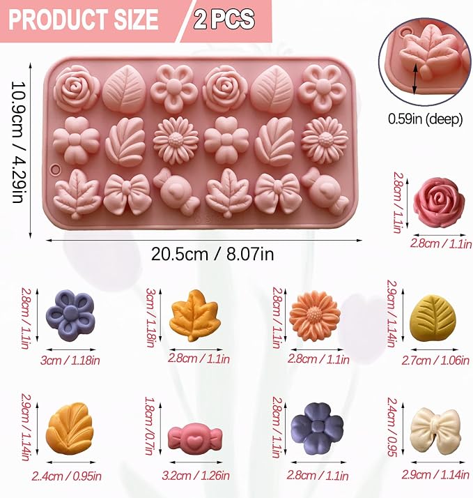 Flower Candy Molds Silicone 2PCS Daisy Flower Chocolate Molds Tulip Flower Mold Bow Tie Leaf Jello Molds Ice Mold Pudding Molds Soap Molds Cookie Molds for Desserts Making - Image 2