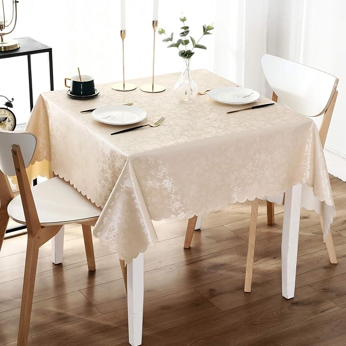 Smiry Square Waterproof Heavy Duty Vinyl Tablecloths, 54 x 54 Inch | Wipeable Washable Floral Embossed Table Cover for Kitchen and Dining Room, Indoor & Outdoor Use, Beige - Image 7
