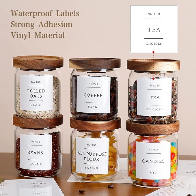 16 OZ Stackable Glass Food Storage Jars with 132 Pantry Labels Preprinted - 6 Pcs Thicken Glass Storage Containers with Airtight Acacia Lid - Clear Kitchen Canister for Spice, Tea, Coffee, Sugar - Image 3