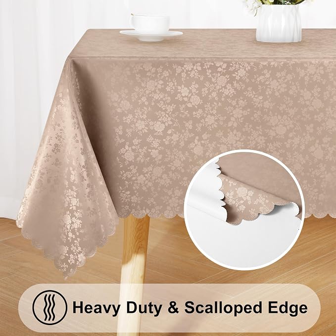 Smiry Rectangle Waterproof Heavy Duty Vinyl Tablecloths, 60 x 102 Inch | Wipeable Washable Floral Embossed Table Cover for Kitchen and Dining Room, Indoor & Outdoor Use, Khaki - Image 4