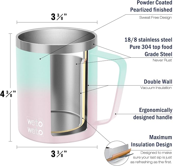 WETOWETO 14 oz Coffee Mug, Vacuum Insulated Camping Mug with Lid, Double Wall Stainless Steel Travel Tumbler Cup, Coffee Mugs Outdoor, Secret Ocean & Sweet Taffy 2 Packs - Image 3