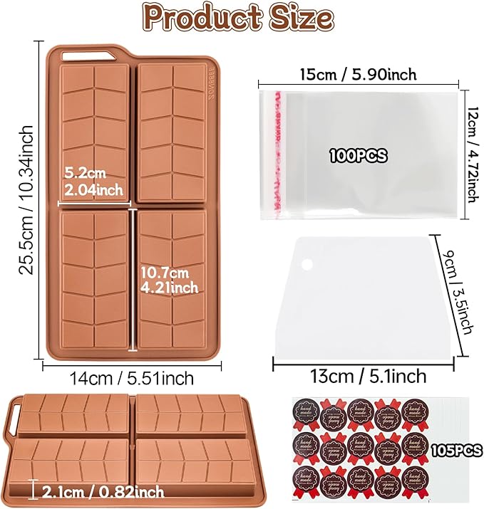 Chocolate Bar Molds Silicone Non Stick 0.82inch Deep,Large Dubai Chocolate Stuffed Mold Kit for Making Thick Pistachio Candy Granola Bar with 2 Pack and 100pcs Bags and 104pcs Stickers