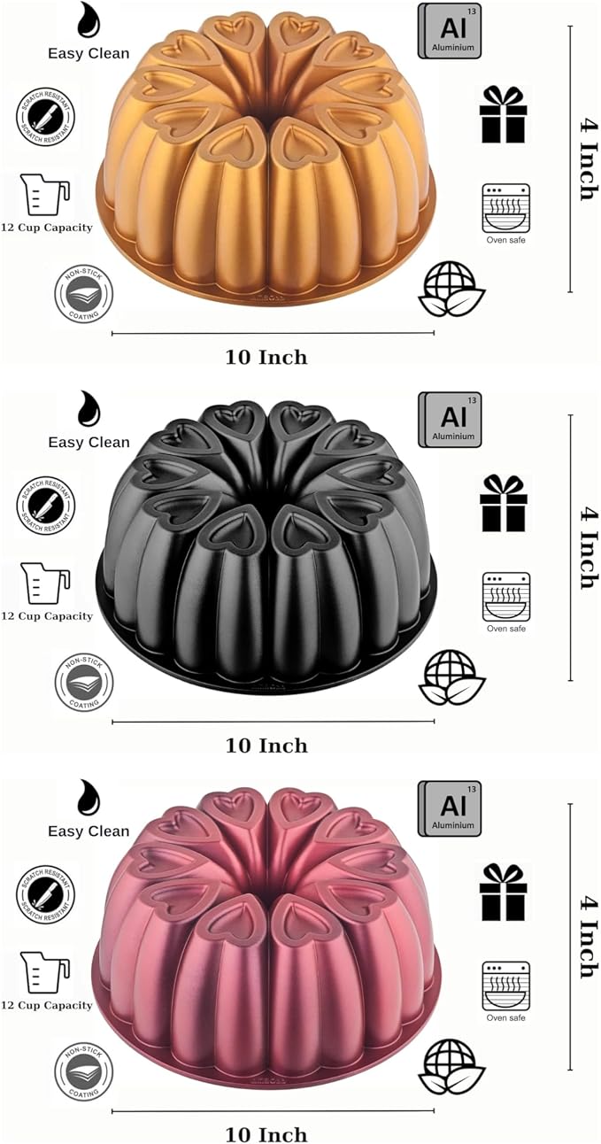 Heart Shape Cast Aluminum Molded Cake Pan, Titanium Coating, Non-Stick, 12 Cups, 10 Inch Pound Pan intended for Bundt Cakes, Gifts for Mom, Fluted Tube, Easy to Clean (3-Pack, Gold-Black-Red) - Image 5