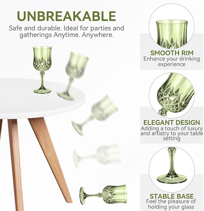 Sliner 48 Pcs 7oz Plastic Vintage Wine Glasses Drinking Goblets Unbreakable Crystal Water Glassware Reusable Diamond Champagne Flutes Cups for Wedding Banquet Birthday Party Supplies (Green) - Image 2