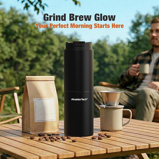 2-in-1 Portable Electric Burr Coffee Grinder - Grind & Brew, 38 Adjustable Settings, Ceramic Alloy Burrs, Rechargeable, with Cups, Filter & Lid for Home, Travel & Camping - Image 2