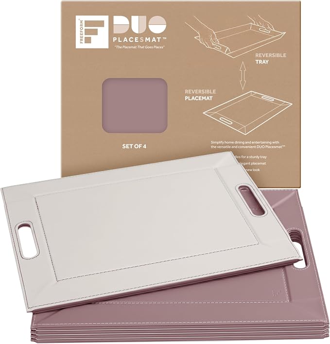 FREEFORM PLACEsMAT 2-in-1 Faux Leather Placemat & Serving Tray | Reversible Design, Lays Flat & Easy to Clean | Ottoman Food Tray, Perfect Housewarming Gift, 18” x 14” (Blush & Stone, Set of 4) by FREEFORM