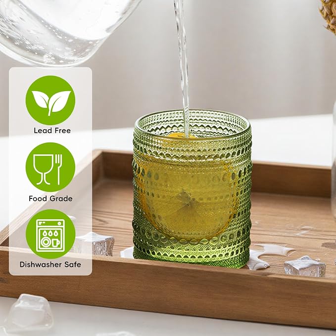 Moretoes 12 Pack 10 Oz Green Vintage Hobnail Drinking Glasses Set | Cocktail Glasses Vintage Glassware, Textured Glass Cups Bubble Glasses Water Glasses Old Fashion Jupiter Glasses Set - Image 4