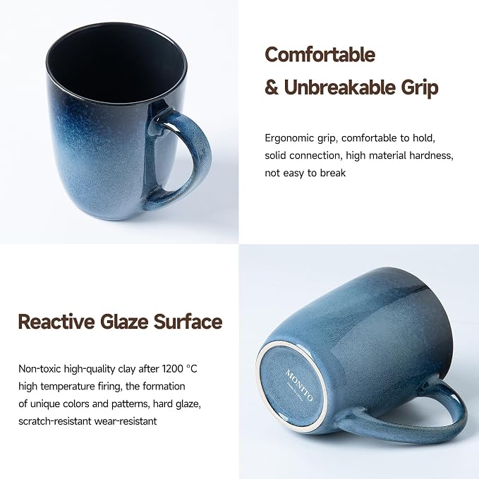 MONITO Large Ceramic Coffee Mugs Set with Handle for Tea/Latte/Cappuccino/Milk/Cocoa, Ice-Snow Blue 14oz, Set of 6, Funny Tea Cups for Office and Home - Image 4