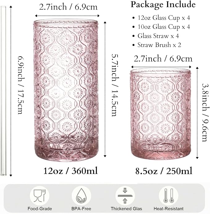 Pink Drinking Glasses Set of 8, 12 Oz Highball & 10 Oz Cocktail Glasses with Straws, Thick Glass Iced Coffee Cups, Floral Embossed Kitchen Vintage Glassware Set for Water, Beer, Juice, Whiskey - Image 7