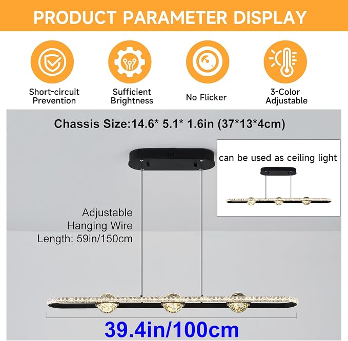ORANOOR Modern LED Pendant Lights, Dimmable 39inch Crystal Globe Chandelier | Linear LED Chandelier Rectangle Black Dining Room Hanging Light Fixtures Kitchen Island Pendant Light Over Dining Table, 40W - Image 4