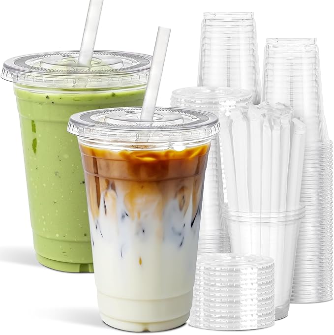 Ginkgo 100 Pack 24oz Clear Plastic Cups with Lids and Straws | Leak-Proof & Sturdy Disposable To Go Iced Coffee Cups for Smoothies, Lemonade by HOME