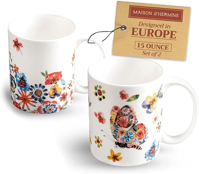 Maison d' Hermine Coffee Mug with Handles Tea Cups (15 Ounce, Pack of 2) | Fine Bone China Coffee Mugs for Hot Beverages Cappuccino Latte Home Restaurant Spring Summer -Happy Florals - High Summer by MaisondHermine