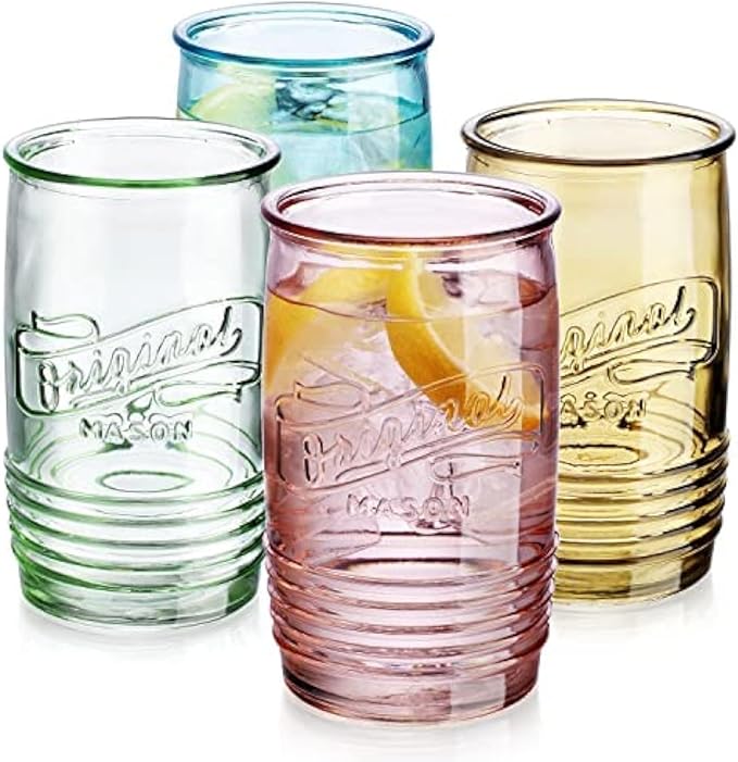 Glaver's Set Of 4 Original Mason Collins Glasses Assorted Colored Drinking Glasses For Juice, Cocktails, Beverage Glass Cups, Hand Wash-In Cold Water (Original Mason Colored 20 OZ) by Glavers