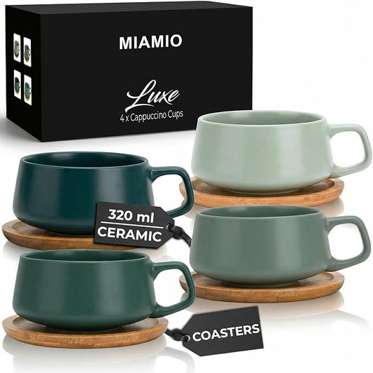 MIAMIO - Cappuccino Cup Set of 4, Ceramic, Wide (9.5oz) - Luxe (Evergreen) | Ceramic cappuccino cups and saucers, wide latte cups and mugs for Americano, 4-piece set of ceramic cups, dishwasher safe by MIAMIO