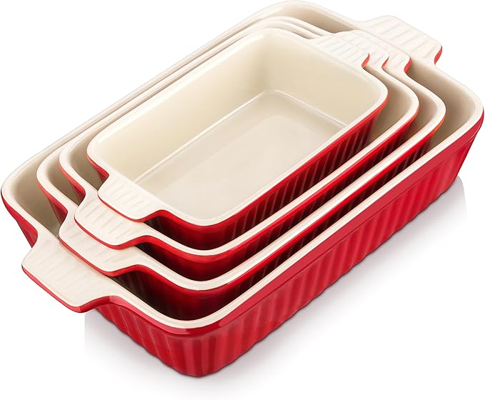 Bakeware Set of 4, MALACASA Porcelain Baking Pans Set for Oven, Casserole Dish, Ceramic Rectangular Baking Dish Lasagna Pans for Cooking Cake Pie Dinner Kitchen, Red (9.5"/11.25"/12.75"/14.5") | Rectangular Lasagna Pan Bakeware for Roasting Vegetable, ... by MALACASA
