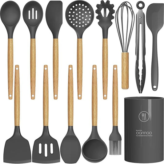 oannao Silicone Cooking Utensils Kitchen Utensil Set - 446°F Heat Resistant Silicone Kitchen Utensils Set, Spatula,Turner Tongs, Spoon, Whisk,Kitchen Gadgets for Nonstick Cookware, BPA Free (Gray) by oannao
