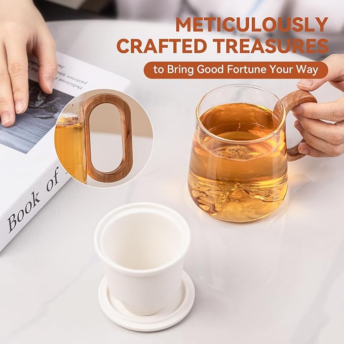 Tea Cup with Infuser and Lid 15oz - Mountain Design Tea Infuser Mug, Loose Leaf Tea Gift Set with Wood Handle, Anniversary Birthday Gift for Nature Lovers