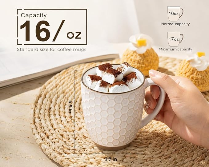 GBhome Large Coffee Mugs Set of 4, 16oz Handmade Embossed Coffee Mugs Set with Large Handle for Cappuccino/Latte/Tea/Hot Cocoa, Dishwasher & Microwave Safe, Off White - Image 2