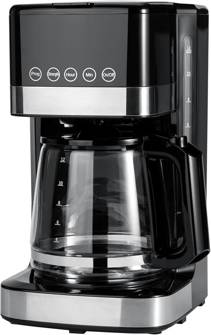 Amazon Basics Programmable 12 Cup Drip Coffee Maker with Glass Coffee Pot (1.9 Qt), Auto Shut-off, Touch Screen, Auto Pause, Removable Filter Basket, Black & Silver by AmazonBasics