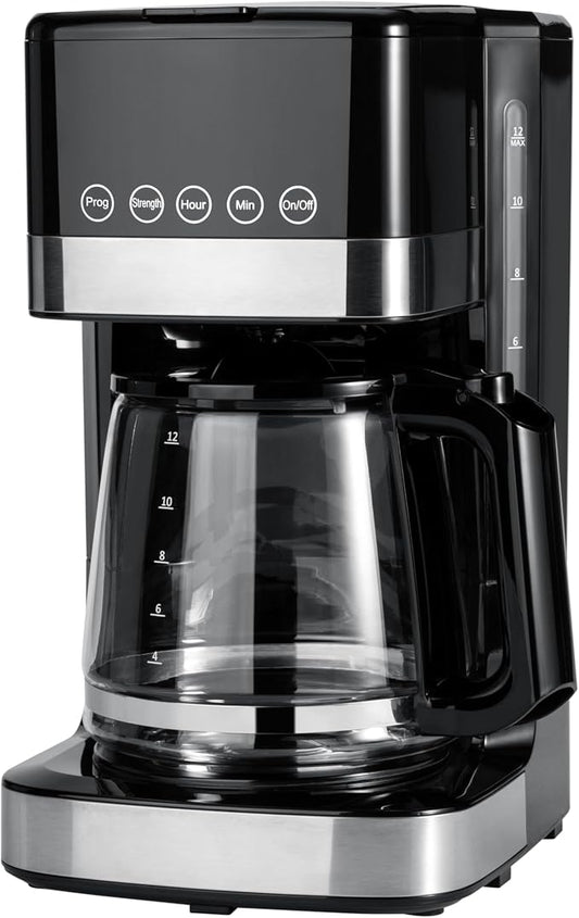 Amazon Basics Programmable 12 Cup Drip Coffee Maker with Glass Coffee Pot (1.9 Qt), Auto Shut-off, Touch Screen, Auto Pause, Removable Filter Basket, Black & Silver by AmazonBasics