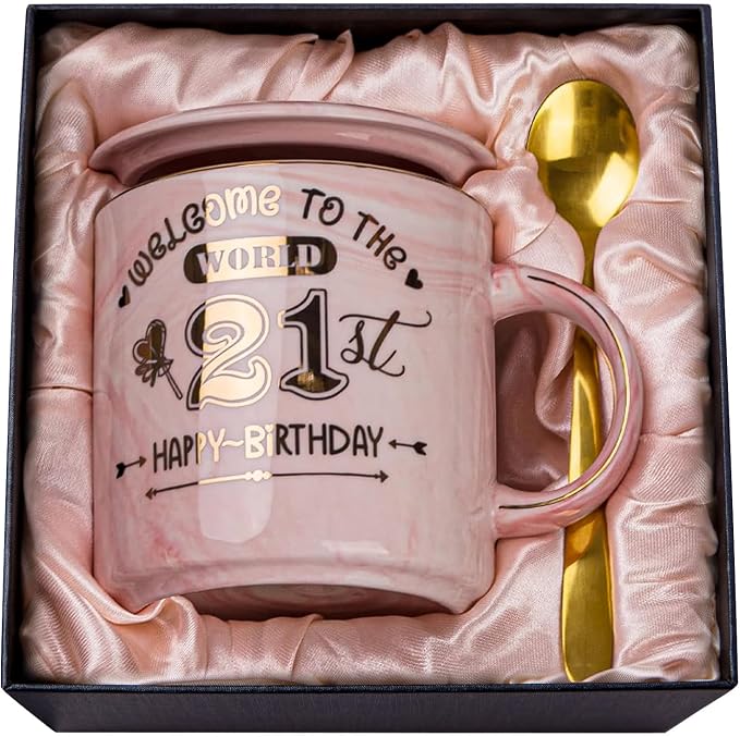 Happy 21st Birthday Gifts for Her - 14oz Pink Marble Coffee Mug with Gold Print, Funny 21 Bday Gift Idea Presents for 21 Year Old Women, Daughters, Girls, Female Friends, with Greeting Card, Gift Box by ALBISS