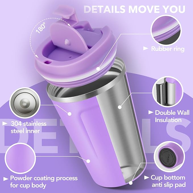 Volhoply 12 oz Double Wall Insulated Vacuum Travel Coffee Mugs with Flip Lid Bulk 2 Pack,Reusable Stainless Steel Leak Proof Coffee Cup,Portable Cafe Thermal Tumbler for Hot&Cold Drinks(Purple,2 Set) - Image 4