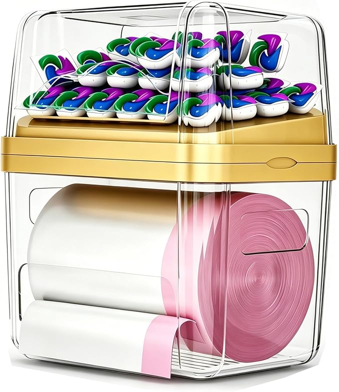 2-in-1 Trash Bag Dispenser & Laundry/Dishwasher Pods Container, Clear Acrylic Garbage Bag Holder with Removable Lids, Under Sink Organizer Kitchen Pantry Storage Box by ZZWILLB