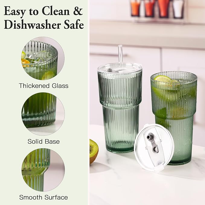 4PCS Green Ribbed Glass Cups with Lids and Straws, 20oz Vintage Drinking Glasses, Aesthetic Iced Coffee Cups, Glass Tumbler for Boba, Beer, Tea, Cocktails, Green Ribbed Glassware Set - Image 6