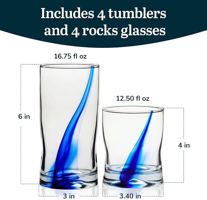 Libbey Blue Ribbon Tumbler and Rocks Drinking Glass Set of 8, Artisanal, Four-Dimpled Glass Cups Set, Clear Glassware Drinking Glasses for Daily Use - Image 3