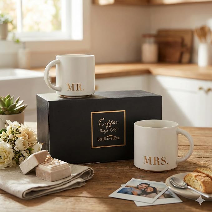 COLLECTIVE HOME Mr. & Mrs. Ceramic Coffee Mug Set, 15oz, 2-Piece | Luxury Wedding Gift for Couples, Elegant Coffee Cups for Newlyweds, Anniversary & Engagement Gift, Gift Box Set - Image 2