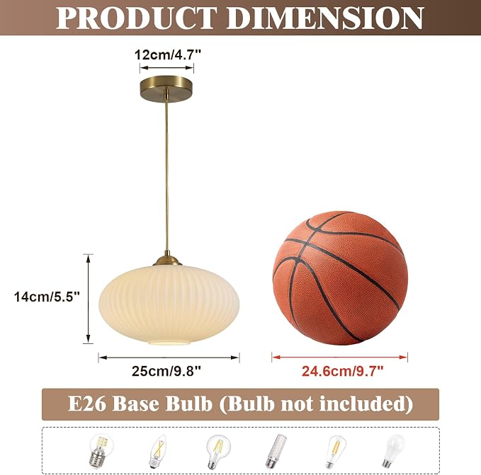 KCO Lighting Modern Gold Brass 9.8" White Milk Ribbed Glass Pendant Light | E26 Hardwired Adjustable Cord Ceiling Light for Sloped Ceiling Mid Century Hanging Lamp for Kitchen Island Dining Room - Image 2