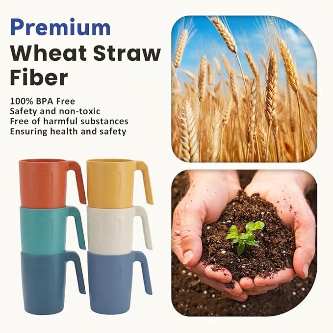 Homienly Wheat Straw Coffee Mugs, Alternative to Plastic Coffee Cups, Set of 6, Unbreakable Camping Coffee Mugs, 16 OZ Cups for Tea, Coffee, Milk, Dishwasher and Microwave Safe Kids Mug, Multi - Image 3
