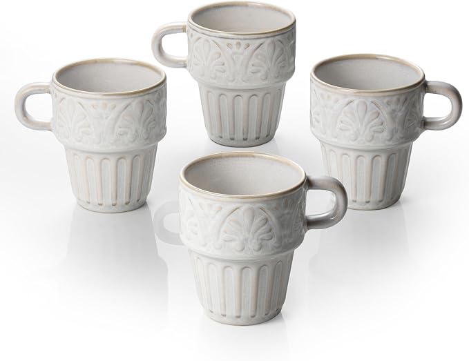 Mugs Set of 4, Ceramic Coffee Mug 12 OZ Beige, Stackable Mug, Set of 4, Microwave & Dishwasher Safe, Comfortable Grip for Latte Cappuccino Hot Chocolate, Perfect for Home Office & Holiday Gifting by LYEOBOH