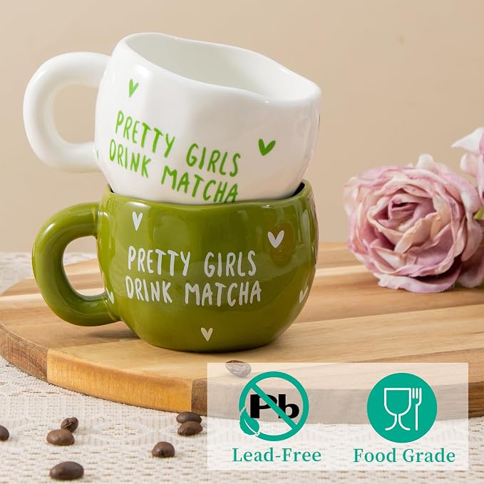 4pcs Ceramic Coffee Cups, 9.4OZ Cute Matcha Cup Set, Green & White, Dishwasher Safe Green Tea Mugs, Pretty Girls Collection - Image 5
