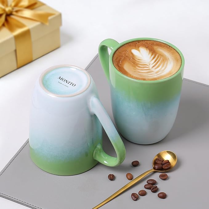 MONITO 14 OZ Coffee Mugs Set of 6, Large Ceramic Blue Coffee Mugs Set with handle for Tea/Latte/Milk/Cocoa, Funny Tea Cups for Office and Home, Engagement Gifts. (White-green) - Image 8
