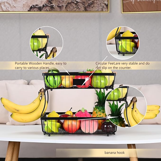 Fruit Basket Bowl 2 Tier Detachable with 2 Banana Hangers, Fruit Stand Holder for Kitchen Countertop, Metal Wire Vegetable Storage Organizer, for Bread Snack Veggies Produce, Black - Image 6