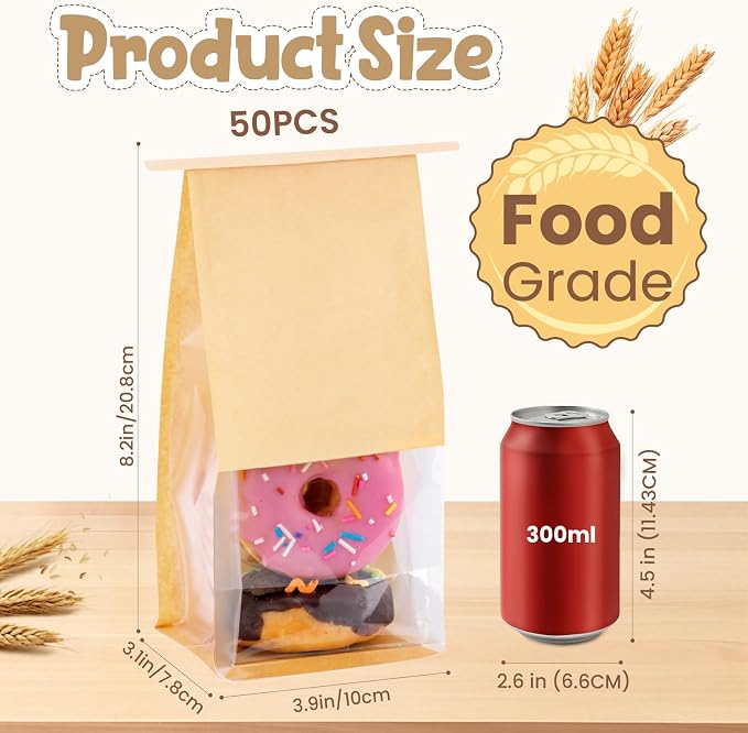 HONKID Cookie Bags with Seal, 50 Pack 3.9x3.1x8.2 Inches Small Bakery Bags with Window Tin Tie Tab Lock Resealable Cookie Gift Bags for Cookies Donut Baked Goods Packaging - Image 2