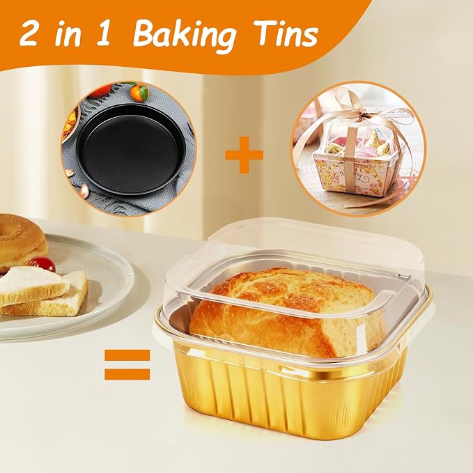 Mini Square Baking Cups with Lids, 50 Pcs 5oz Gold Aluminum Foil Cupcake Tins with Lids, Disposable Ramekins Flan Cake Pans Tins for Souffle, Dessert, Valentine, Wedding, Party Small Cake Containers - Image 3
