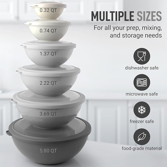 Zulay Kitchen 12 Piece Plastic Nesting Mixing Bowls with Lids - Colorful Microwave & Freezer Safe Gray Ombre Set - Image 3