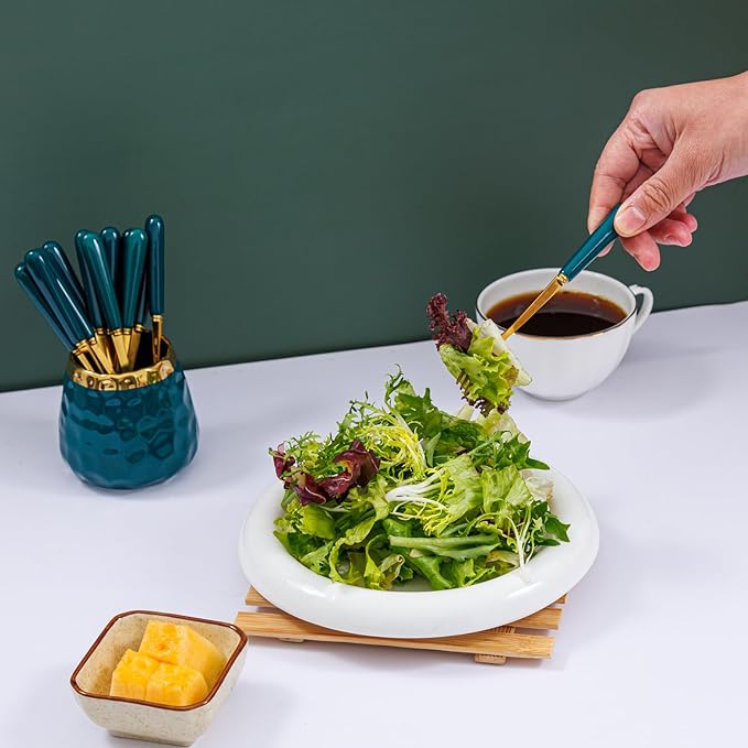 Dessert Fork Set,Ceramic Jar with 8 Small Forks for Fruit,Salad,Appetizer,Cake,Flatware Set (Emerald jar+8 forks)