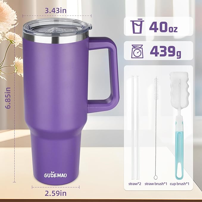 40 oz Insulated Coffee Mug with Ceramic Coating, Stainless Steel Travel Mug Tumbler with Handle Lid and Straw, Double Wall Leak-Proof Coffee Travel Mug Keeps Drink Hot and Cold (Purple) - Image 2