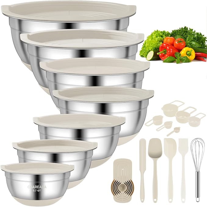 Mixing Bowls with Airtight Lids, 18pcs Stainless Steel Mixing Bowls Set | Nesting Non-slip Silicone Bowls Bottom, Size 4.5, 3.6, 2.7, 2.1, 1.7, 1.1, 0.7 qt, Fit for Mixing & Serving(Khaki) by CHAREADA