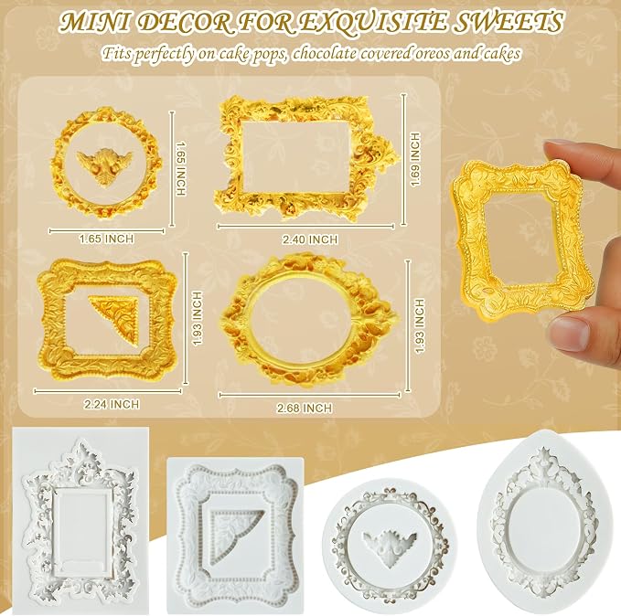 HKNMTT Picture Frame Molds Silicone Baroque Vintage for Fondant Candy Clay Covered Oreo Cake Photo Decorating Cupcake Toppers, 4 Shaped Round Square Frame Moulds Craft DIY Supplies Set - Image 2