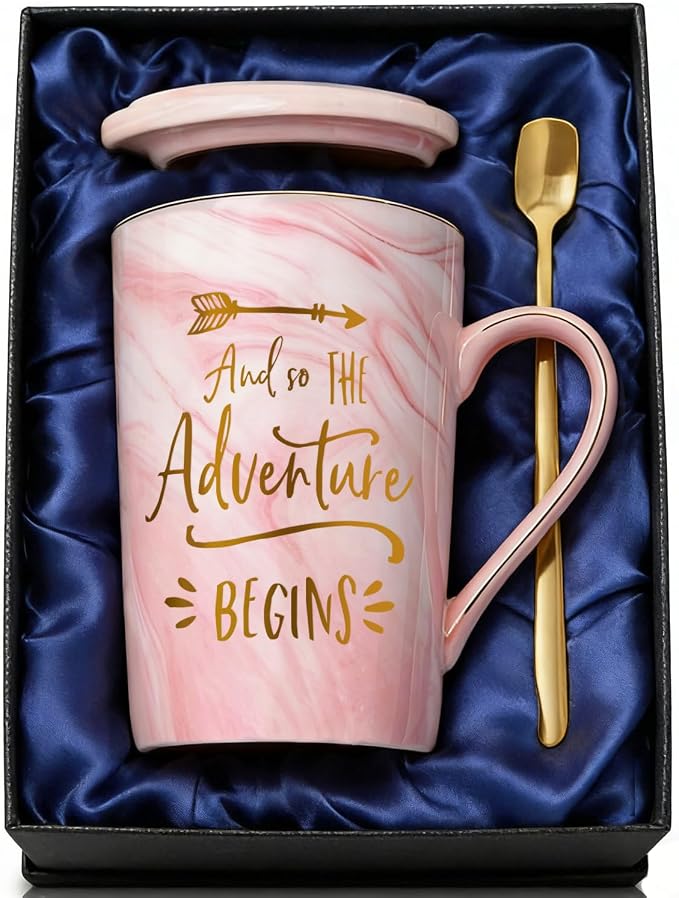 ShinnyWis And So The Adventure Begins 14 oz Coffee Mug, Bridal Shower Gifts for Bride, Christmas Birthday Graduation Gift for Her, Going Away Moving New Job Promotion Adventure Gifts for Women by ShinnyWis